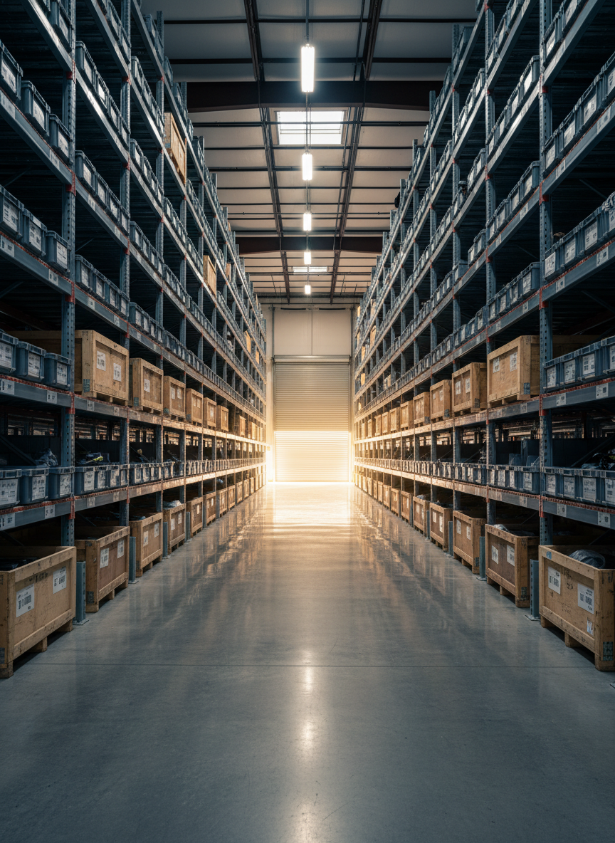 A wide, cinematic view of a modern auto parts warehouse in San Antonio, TX, featuring long, symmetrical aisles of tall racking filled with barcoded used OEM parts in uniform bins and crates. The polished concrete floor reflects the cool white glow of evenly spaced overhead LEDs, contributing to a clean, efficient ambiance. At the far end, a large industrial roll-up door lets in a hint of warm Texas daylight. Shot from a slightly low, centered perspective with strong leading lines, the photographic realism and sharp focus throughout communicate scale, organization, and the capacity to ship parts quickly nationwide.