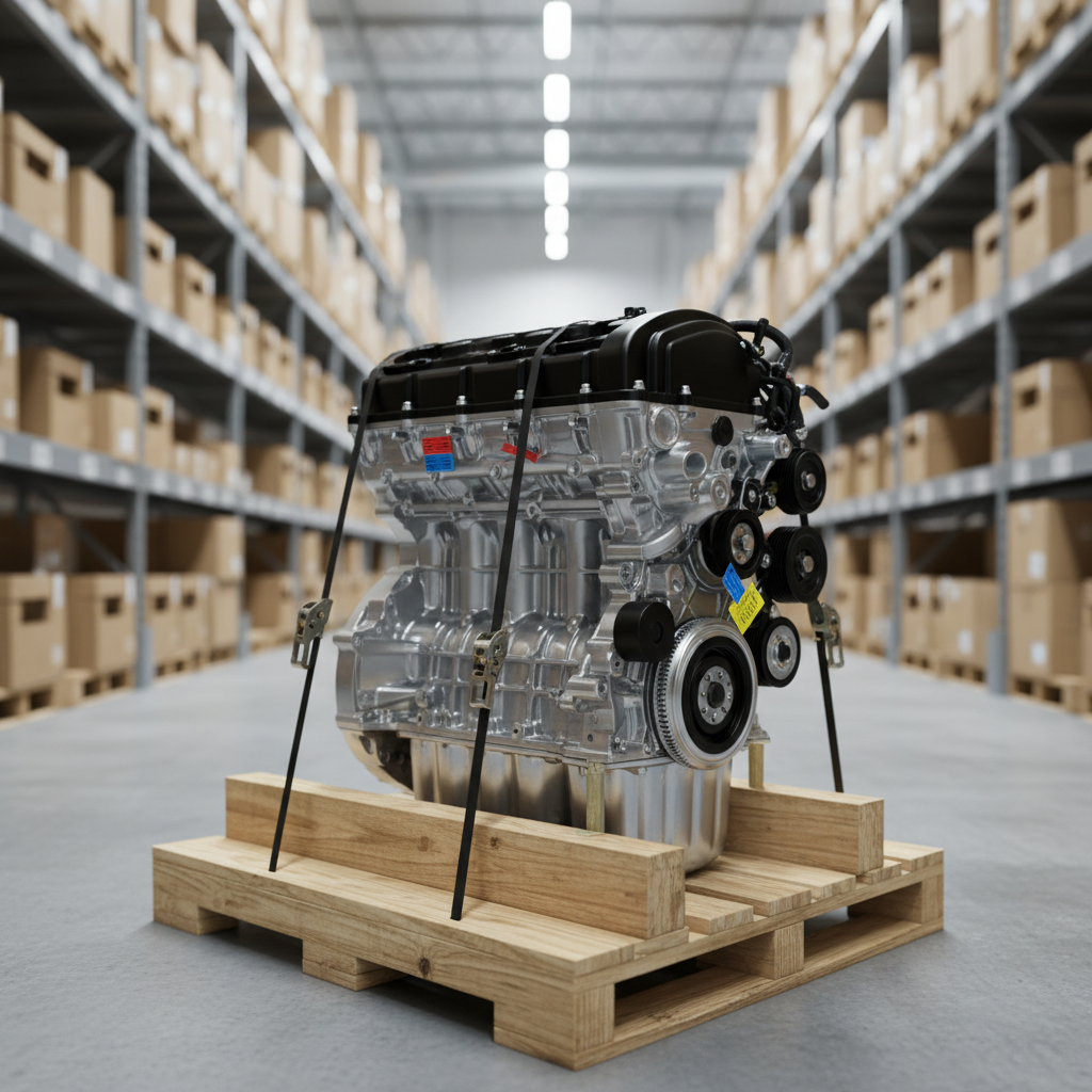 A close-up, photographic view of a pristine used OEM engine assembly strapped securely on a wooden pallet, its aluminum block and black plastic covers freshly cleaned, with colored tags indicating inspection and part numbers. The engine sits in the center of a bright, orderly warehouse aisle, surrounded by tall racks of crated parts fading into a soft blur. Cool white LED overhead lighting casts crisp, even illumination, revealing fine details without harsh shadows. Shot from a slightly low, three-quarter angle, the composition feels robust and dependable, conveying confidence in quality, testing, and readiness for nationwide shipping.