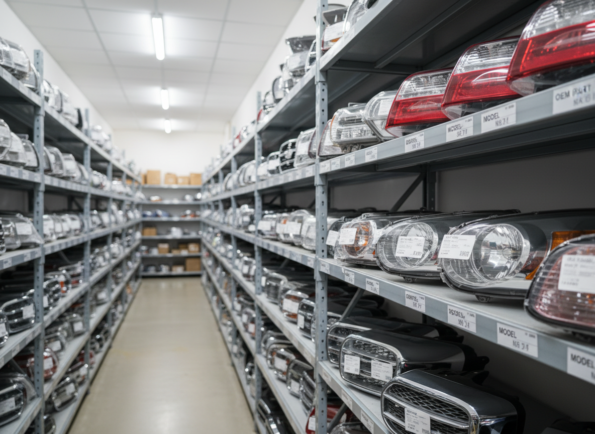 A meticulously organized wall of labeled OEM auto parts, including neatly arranged headlight and taillight assemblies, side mirrors, and grilles, each resting on clean metal shelving. The plastic lenses and chrome details catch subtle reflections from bright but diffused ceiling-mounted LED lights, showing they’ve been cleaned and inspected. The perspective is a slightly angled, eye-level shot that reveals depth down the aisle, with distant shelves fading into soft focus. The photographic realism, crisp lines, and balanced composition create a professional, trustworthy atmosphere that emphasizes selection, compatibility, and the ability to find the exact part needed.