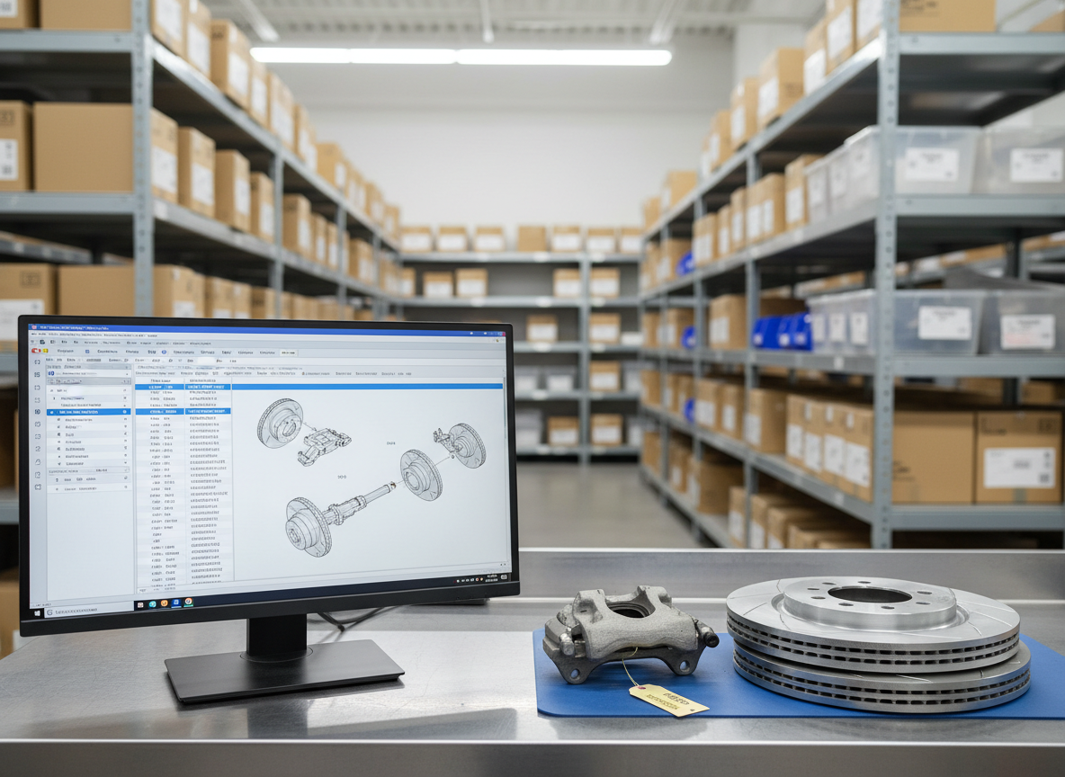 A clean, well-organized used auto parts inventory system featuring a large computer monitor on a tidy workbench displaying a detailed parts catalog interface with diagrams and part numbers. Next to the screen sits a labeled OEM brake caliper and a neatly stacked set of brake rotors, their machined surfaces catching the light. Behind, metal shelves hold uniform boxes and barcoded bins in soft focus. Neutral, bright artificial lighting creates an efficient, modern atmosphere. Captured at eye level with a moderate depth of field in photographic realism, the image emphasizes easy online lookup, accuracy in finding the correct part, and professional service.