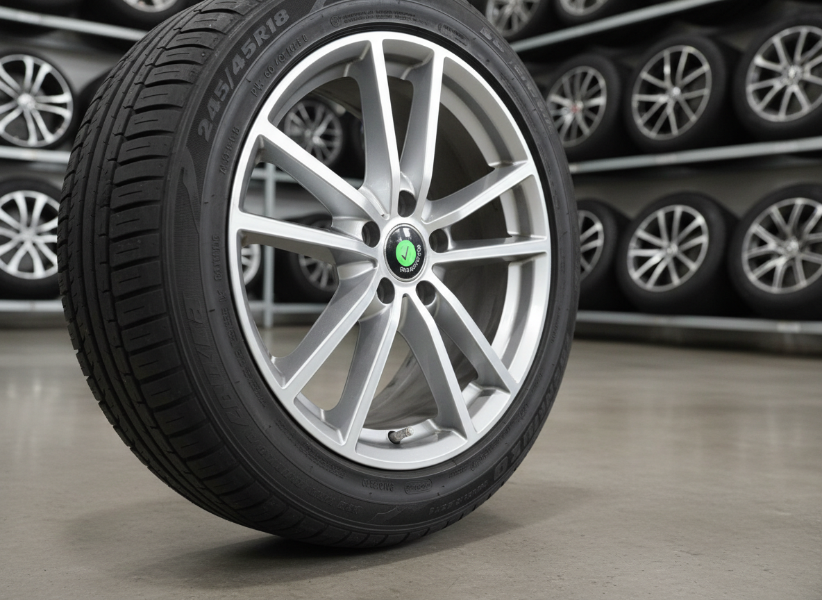 A detailed close-up of a used OEM alloy wheel and mounted tire, freshly cleaned and inspected, standing upright on a spotless concrete floor. The wheel’s machined silver spokes and clear-coated surface reflect soft highlights, while a small green inspection sticker and etched part numbers are visible near the center. The background shows a hint of organized tire racks and stacked wheels in gentle blur. Soft, diffused overhead lighting minimizes glare and emphasizes texture in photographic realism. Framed at a low, three-quarter angle, the mood is precise and professional, ideal for highlighting quality, affordability, and attention to detail in used components.