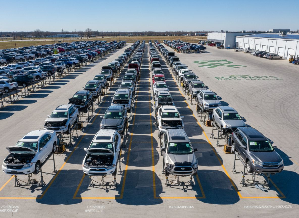 An overhead, photographic view of a section of an automotive recycling yard focused on ordered rows of late-model vehicles raised on stands, each neatly tagged and partially dismantled for reusable OEM parts. The ground is clean and well-maintained, with clearly marked lanes and collection areas for metals and plastics. Bright, clear midday sunlight casts defined but not harsh shadows, revealing the texture of painted body panels and exposed components. The composition uses leading lines of vehicles to draw the eye into the distance, conveying scale, organization, and an environmentally responsible approach to sourcing quality used auto parts across North America.