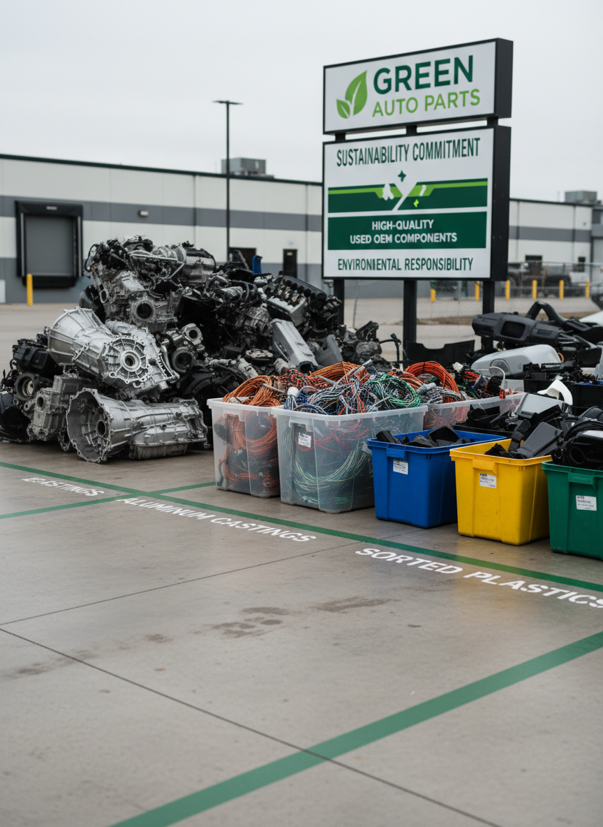 A close-up, photographic image of an environmentally focused automotive recycling setup, showing separated piles of cleaned aluminum engine components, copper wiring neatly coiled in bins, and sorted plastic housings in designated containers. The scene is set on a spotless concrete pad, with clearly marked painted zones and signage in the background indicating recycling categories. Soft, even outdoor lighting under light cloud cover creates minimal shadows and accurate color. Captured from a slightly elevated angle with moderate depth of field, the mood is responsible and forward-thinking, emphasizing Green Auto Parts’ commitment to sustainability while recovering high-quality used OEM components.