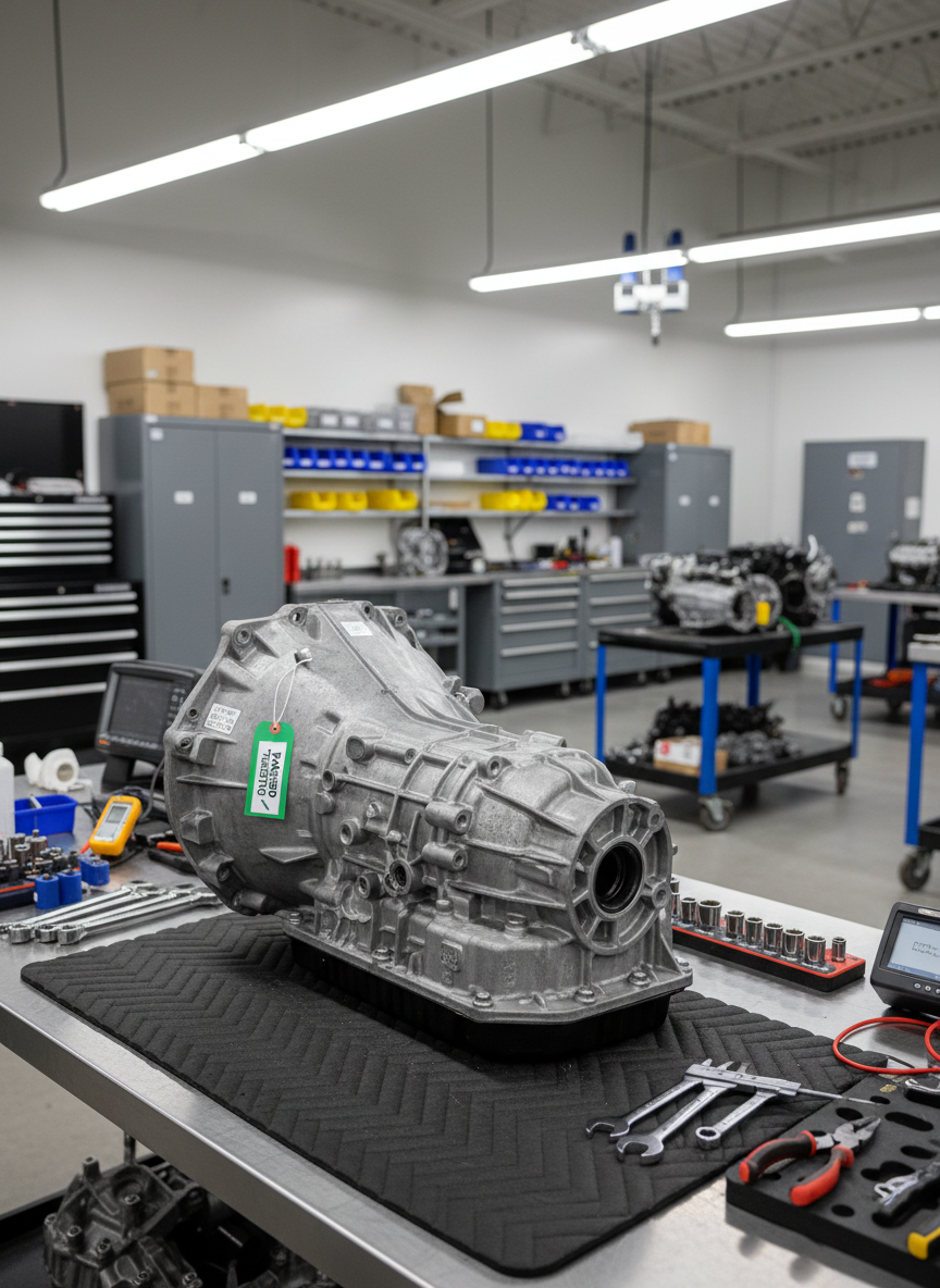 A professional workbench scene inside a clean automotive dismantling and inspection bay, featuring a used OEM transmission case on a padded mat, with organized hand tools and diagnostic equipment arranged around it. The aluminum housing has been cleaned, revealing casting marks and engraved part numbers, with a green tag indicating it has passed testing. Overhead LED strip lights provide even, shadow-free illumination. The background shows an orderly environment with labeled tool cabinets and parts carts in soft focus. Photographic realism at an eye-level angle conveys technical expertise, rigorous inspection, and reliability behind every used part sold.